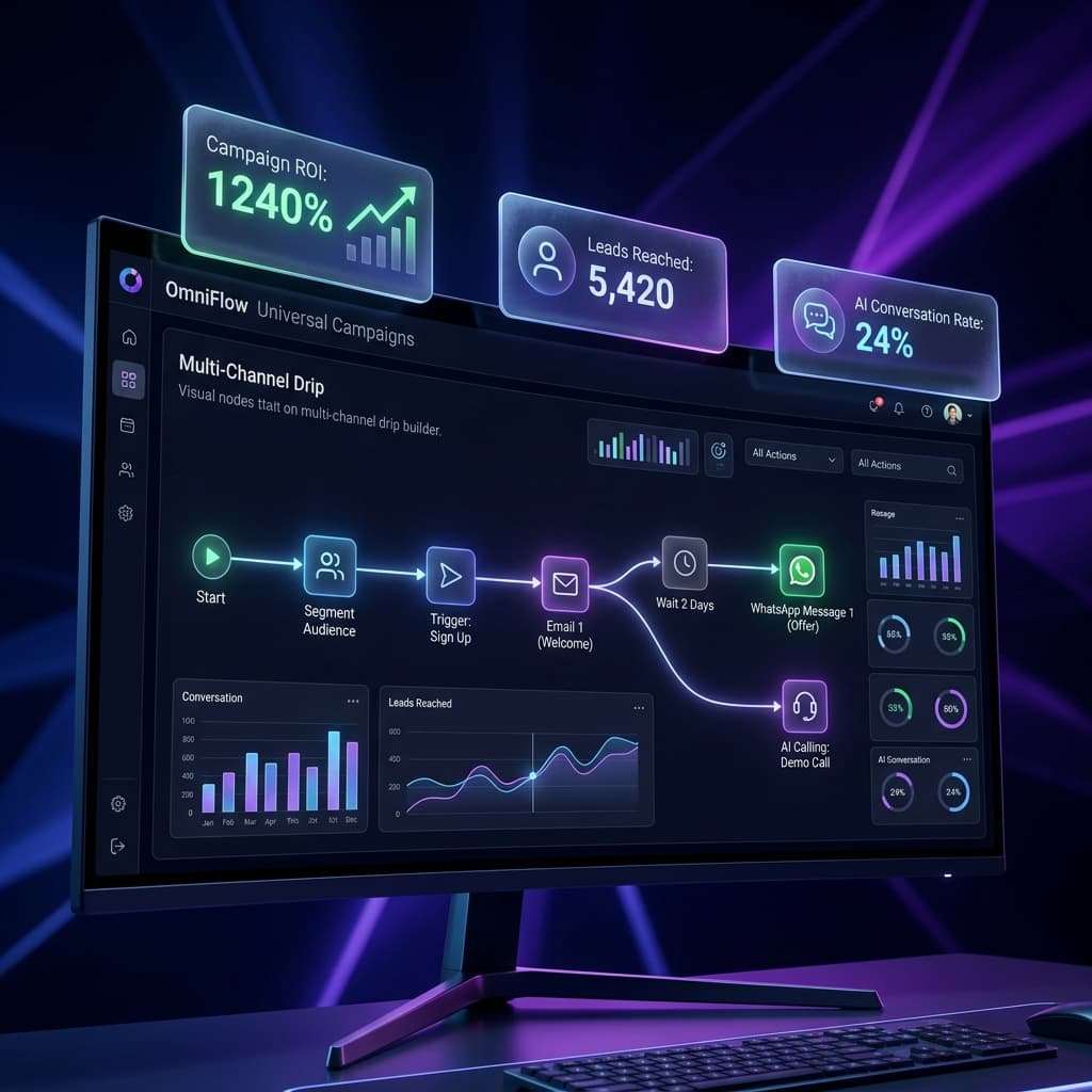 OmniFlow campaign dashboard showing WhatsApp bulk marketing, email automation, AI calling, and CRM-triggered outreach